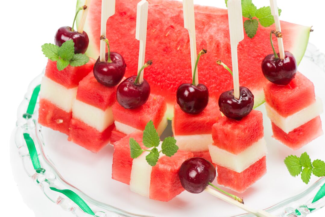 Watermelon, melon and cherry canapes are a delicious dessert of watermelon diet. 
